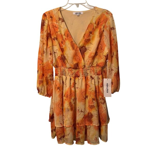 Floral Orange & Yellow Mini Dress With Smocked Waist & 3/4 Sleeves By Mimi Chica - Picture 1 of 12